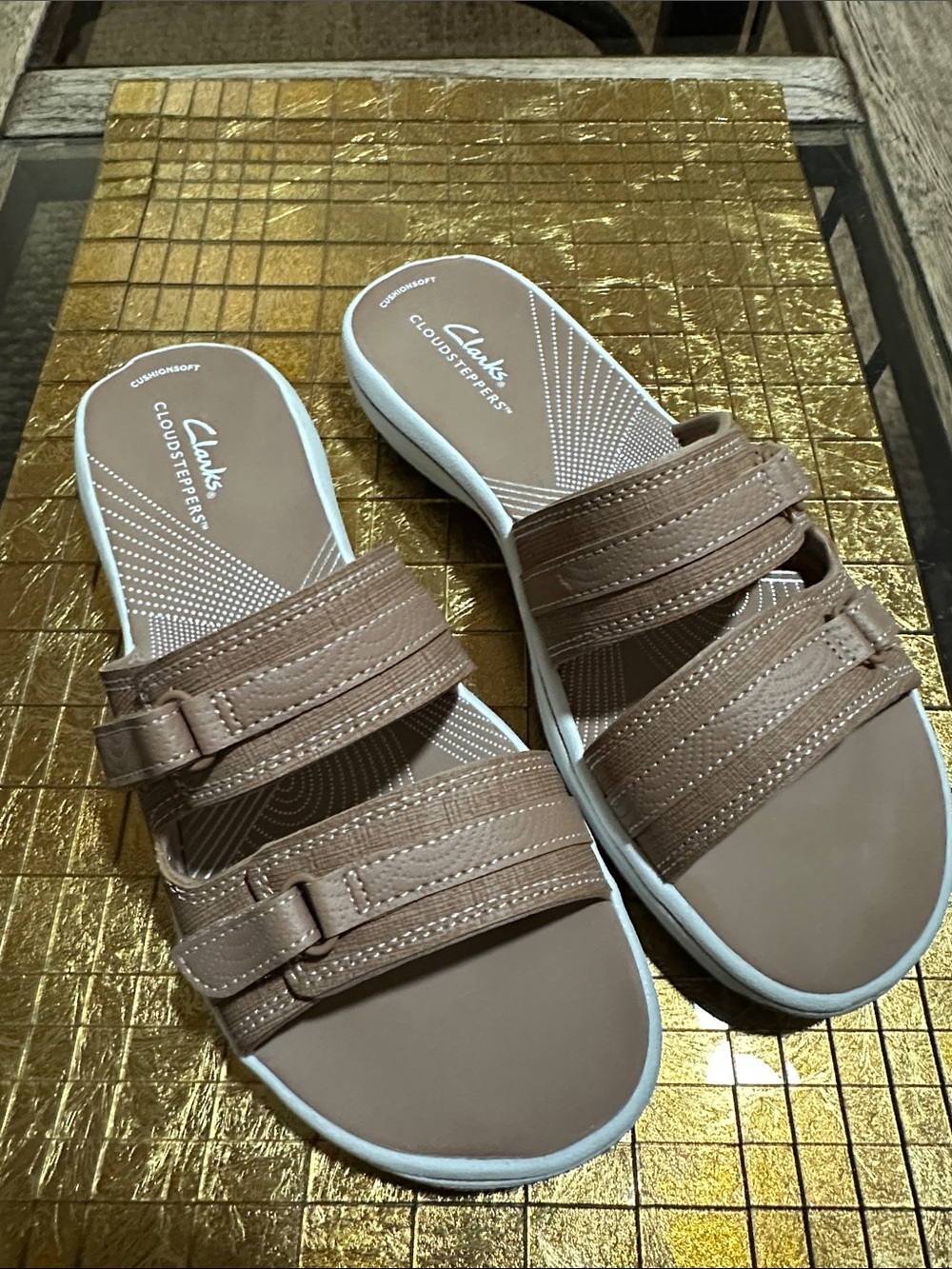 Clarks Taupe Double-Strap Cloudsteppers Slide Sandals